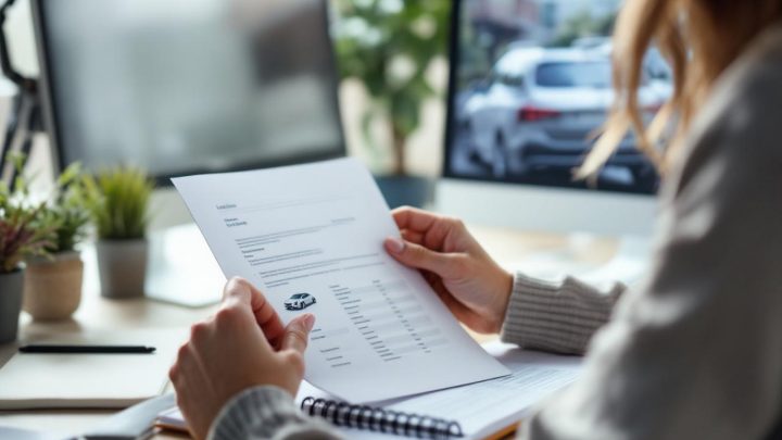 Une femme examine une annonce automobile sur un ordinateur tout en comparant des documents du véhicule sur une table, dans une ambiance attentive et prudente, style reportage.