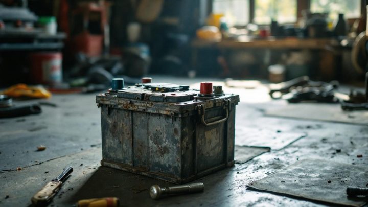 Une batterie de voiture usagée posée sur le sol d’un atelier automobile, avec une ambiance de reportage et une lumière naturelle.