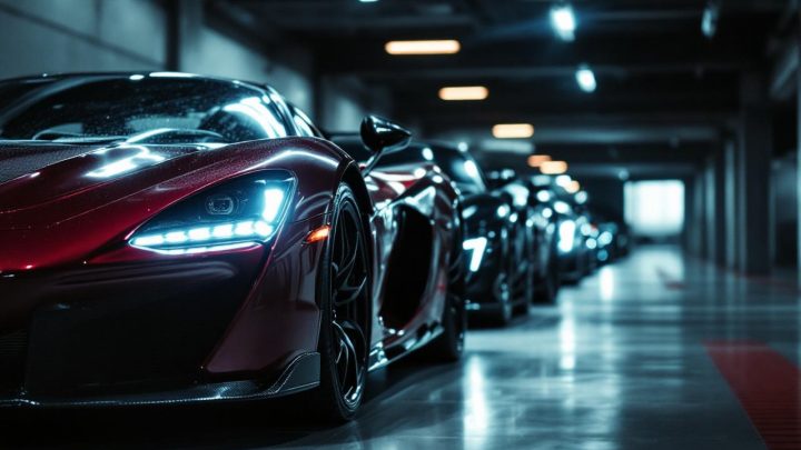 Portrait éditorial d’un univers automobile de luxe avec une gamme de supercars, éclairage premium, reflets cinématographiques et ambiance urbaine haut de gamme.
