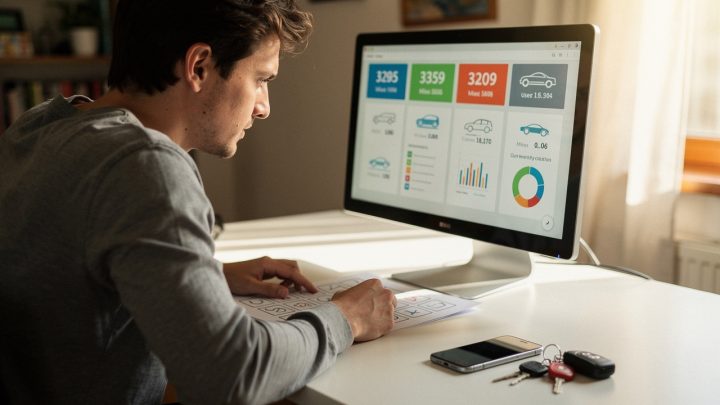 Un acheteur compare plusieurs annonces de voitures d’occasion sur un ordinateur, en consultant un tableau de critères incluant le prix, le kilométrage et la garantie, avec un téléphone et des clés de voiture à proximité.