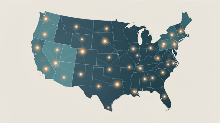Illustration sobre et informative d’une carte des États-Unis avec des points lumineux représentant la surveillance épidémiologique.