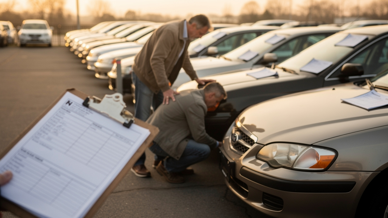 Parking de voitures d’occasion : un véhicule avec une fiche visible sur le pare-brise, tandis qu’un homme vérifie visuellement l’état général de la voiture, à la lumière naturelle de fin d’après-midi.