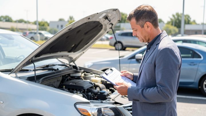 Un homme inspecte attentivement une voiture d’occasion avec une liste de contrôle sur un parking lumineux et rassurant.