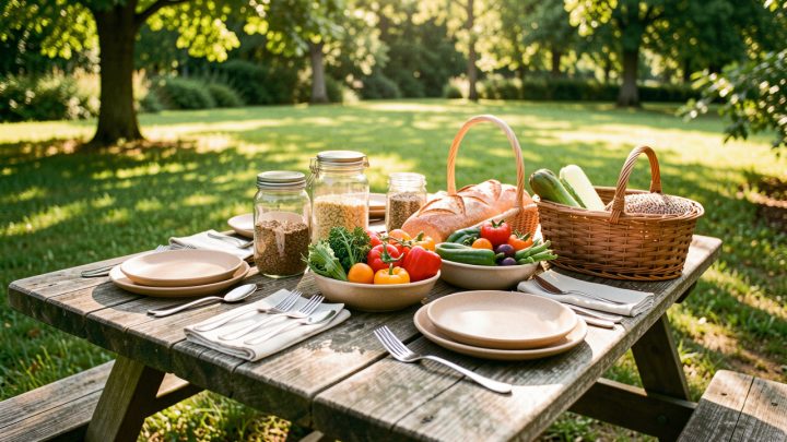 Table dressée pour un repas convivial en plein air dans un parc verdoyant, avec vaisselle réutilisable, serviettes en tissu, bocaux en verre et lumière estivale.