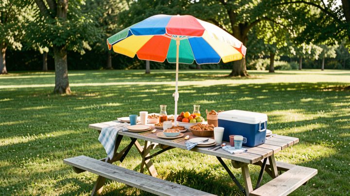 Table pliante équipée pour un repas convivial dans un parc, avec glacière, parasol, plats, fruits et accessoires réutilisables sous une lumière estivale.