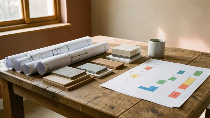 Table en bois présentant des plans de rénovation, des échantillons de matériaux et un calendrier visuel vierge de chantier.