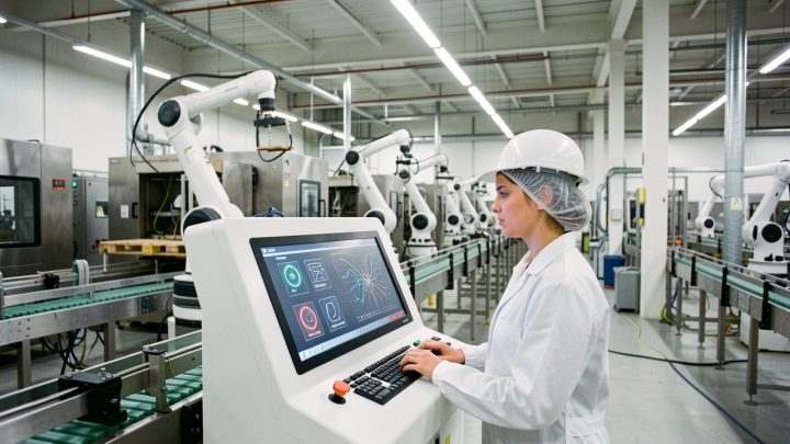Atelier agroalimentaire moderne avec des bras robotisés de palettisation et une technicienne en tenue de sécurité contrôlant une interface industrielle.