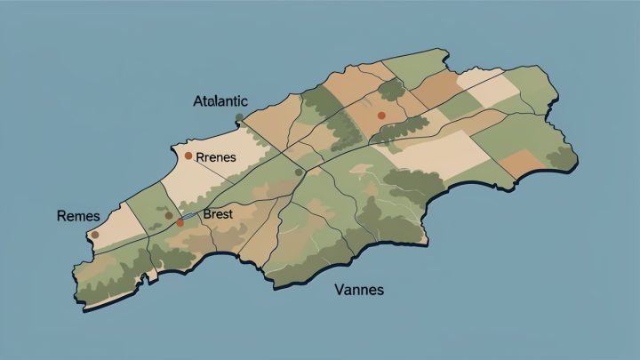 Carte éditoriale sobre de la Bretagne montrant le littoral, les zones rurales et trois localisations indiquées par des points colorés, sans libellés.