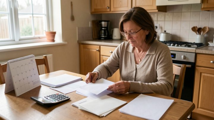 Femme d’âge mûr triant des courriers et des documents administratifs vierges sur une table de cuisine, dans une lumière naturelle réaliste.