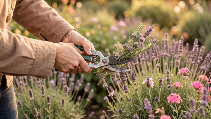 Mains d’une femme utilisant un sécateur propre pour couper des tiges de lavande, de romarin et de géranium dans un jardin baigné de lumière douce d’automne.