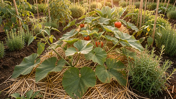 Potager en permaculture pendant un été sec, avec des courges couvrant le sol entre des plants de tomates et des aromatiques sur un paillage de paille, baignés de lumière chaude.