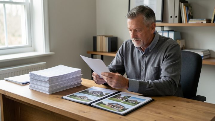 Un propriétaire analyse des documents financiers vierges et un portefeuille de logements disposés sur une table en bois, dans un bureau sobre et réaliste.