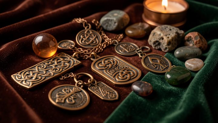 Composition élégante d’amulettes anciennes, de motifs celtiques et de symboles protecteurs en bronze, disposés sur un velours sombre aux tons chauds.