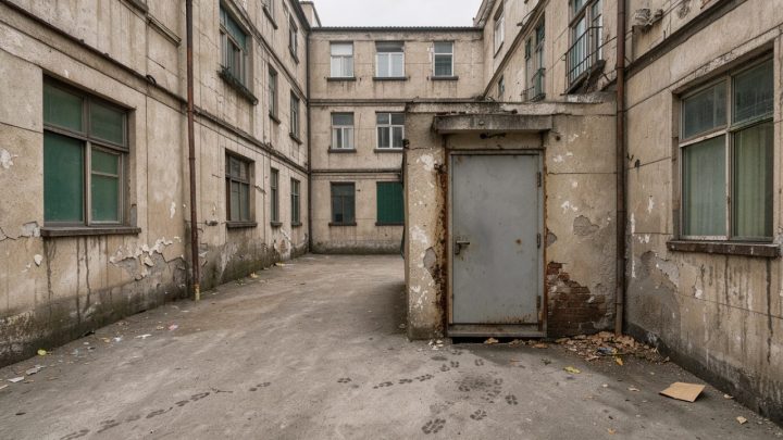Ancien immeuble collectif observé depuis une cour intérieure, avec un local à poubelles fermé et de discrètes traces de rongeurs sur le sol.