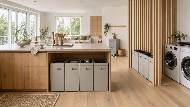 Intérieur lumineux et organisé d’une maison moderne avec plusieurs contenants de tri discrets répartis dans différentes pièces.