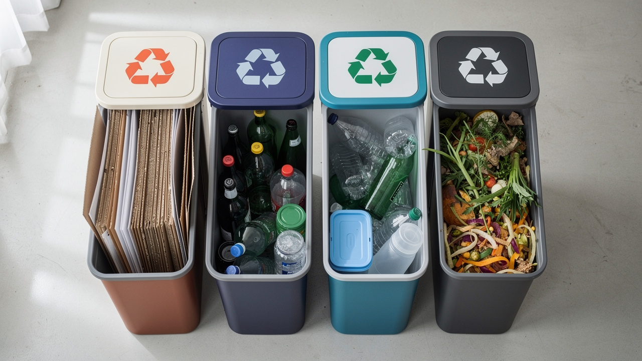 Vue en plongée de plusieurs poubelles de tri domestiques de tailles différentes, avec seaux amovibles, pictogrammes de recyclage et déchets séparés par catégorie.