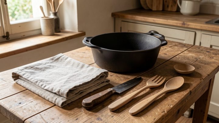 Table de cuisine éclairée par la lumière naturelle, présentant une casserole en fonte, un couteau artisanal, du linge de maison et des ustensiles du quotidien fabriqués en France.