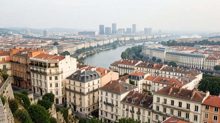Vue panoramique réaliste de Lyon depuis les hauteurs de la Croix-Rousse, avec les immeubles anciens, le Rhône et la skyline moderne de la Part-Dieu sous une lumière douce.